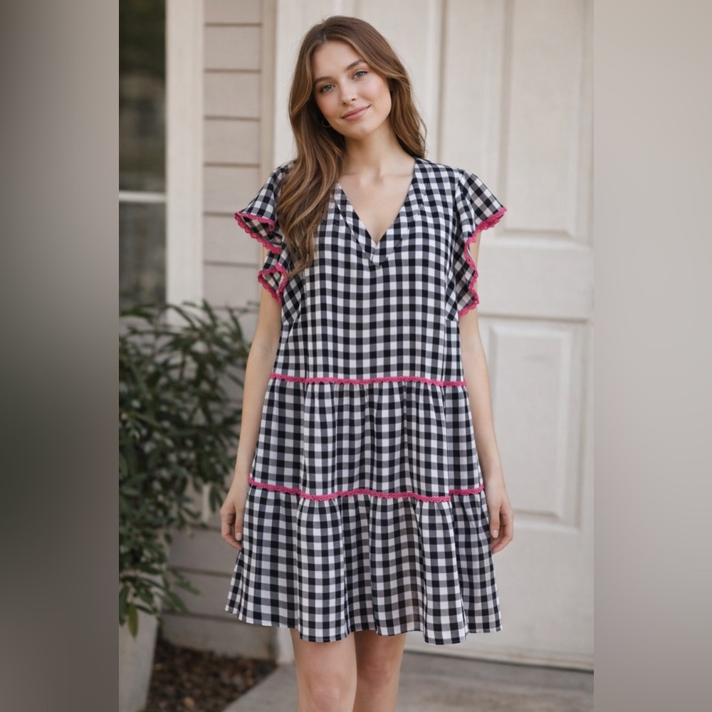 Black and White Gingham Tiered Dress with Pink Accents